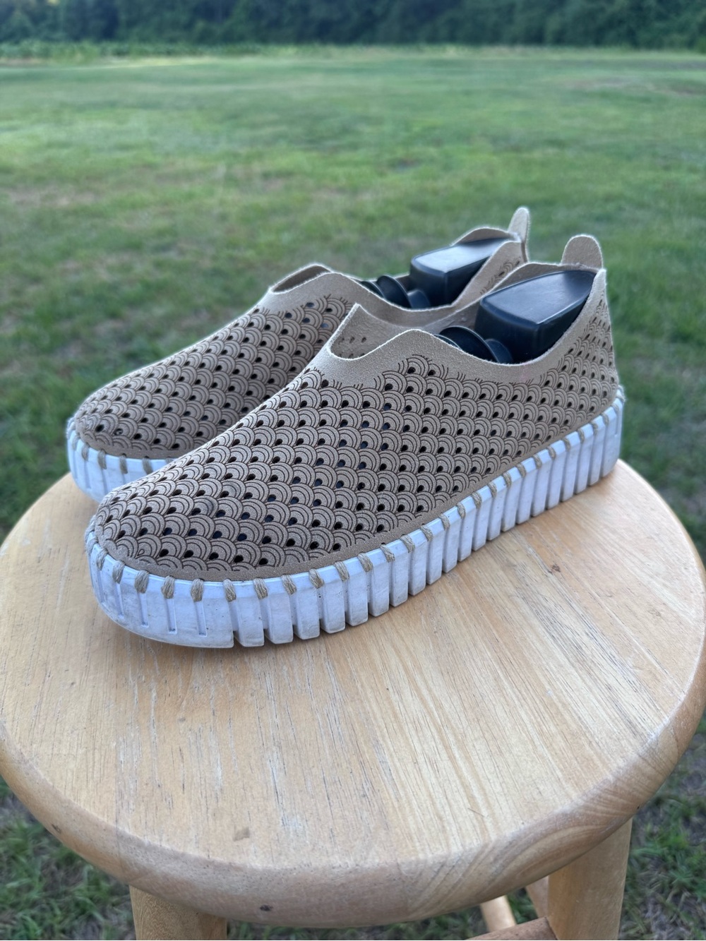 Ladies Isle Jacobsen Slip-On Perforated Beige Women's Sneakers
